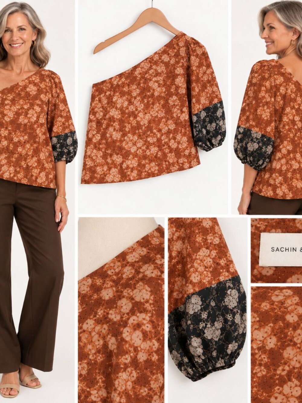 Sachin & Babi Rust Floral One Shoulder Top Boho Romantic Puff Sleeve Statement m